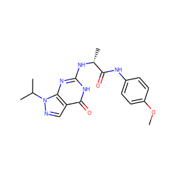 COc1ccc(NC(=O)[C@@H](C)Nc2nc3c(cnn3C(C)C)c(=O)[nH]2)cc1 ZINC000299821467