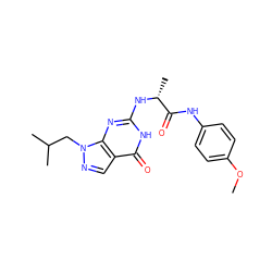 COc1ccc(NC(=O)[C@@H](C)Nc2nc3c(cnn3CC(C)C)c(=O)[nH]2)cc1 ZINC000299820817