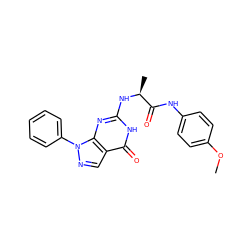 COc1ccc(NC(=O)[C@H](C)Nc2nc3c(cnn3-c3ccccc3)c(=O)[nH]2)cc1 ZINC000095575679