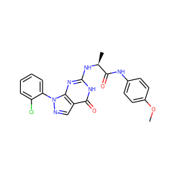 COc1ccc(NC(=O)[C@H](C)Nc2nc3c(cnn3-c3ccccc3Cl)c(=O)[nH]2)cc1 ZINC000095572356