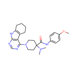 COc1ccc(NC(=O)C2(N(C)C)CCN(c3ncnc4[nH]c5c(c34)CCCC5)CC2)cc1 ZINC000653847684