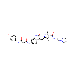 COc1ccc(NC(=O)CC(=O)Nc2ccc3c(c2)NC(=O)/C3=C\c2[nH]c(C)c(C(=O)NCCN3CCCC3)c2C)cc1 ZINC000299827779