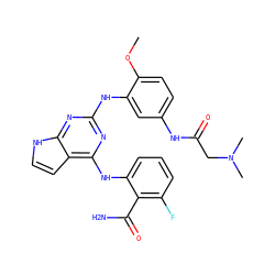 COc1ccc(NC(=O)CN(C)C)cc1Nc1nc(Nc2cccc(F)c2C(N)=O)c2cc[nH]c2n1 ZINC000040878974