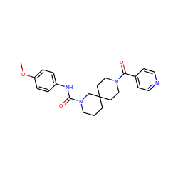 COc1ccc(NC(=O)N2CCCC3(CCN(C(=O)c4ccncc4)CC3)C2)cc1 ZINC000003956215