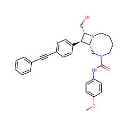 COc1ccc(NC(=O)N2CCCCN3[C@H](C2)[C@@H](c2ccc(C#Cc4ccccc4)cc2)[C@@H]3CO)cc1 ZINC000095598712