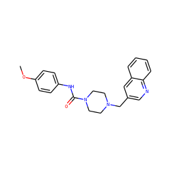 COc1ccc(NC(=O)N2CCN(Cc3cnc4ccccc4c3)CC2)cc1 ZINC000035878201
