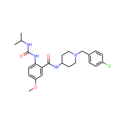 COc1ccc(NC(=O)NC(C)C)c(C(=O)NC2CCN(Cc3ccc(Cl)cc3)CC2)c1 ZINC000028525978