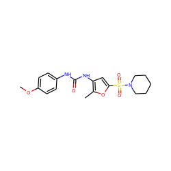 COc1ccc(NC(=O)Nc2cc(S(=O)(=O)N3CCCCC3)oc2C)cc1 ZINC000040879468