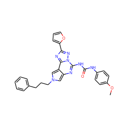 COc1ccc(NC(=O)Nc2nc3cn(CCCc4ccccc4)cc3c3nc(-c4ccco4)nn23)cc1 ZINC000073220139