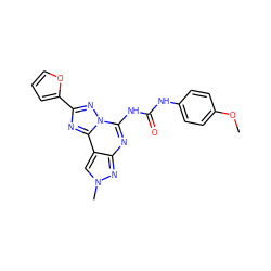 COc1ccc(NC(=O)Nc2nc3nn(C)cc3c3nc(-c4ccco4)nn23)cc1 ZINC000013472313