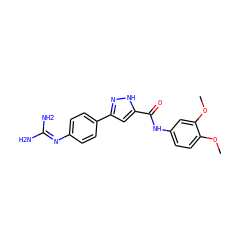 COc1ccc(NC(=O)c2cc(-c3ccc(N=C(N)N)cc3)n[nH]2)cc1OC ZINC000222132008