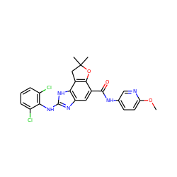 COc1ccc(NC(=O)c2cc3nc(Nc4c(Cl)cccc4Cl)[nH]c3c3c2OC(C)(C)C3)cn1 ZINC000139825429