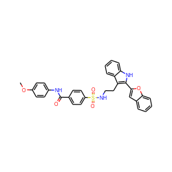 COc1ccc(NC(=O)c2ccc(S(=O)(=O)NCCc3c(-c4cc5ccccc5o4)[nH]c4ccccc34)cc2)cc1 ZINC000014978416