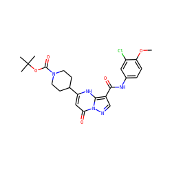 COc1ccc(NC(=O)c2cnn3c(=O)cc(C4CCN(C(=O)OC(C)(C)C)CC4)[nH]c23)cc1Cl ZINC000100928650