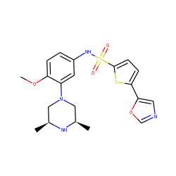 COc1ccc(NS(=O)(=O)c2ccc(-c3cnco3)s2)cc1N1C[C@H](C)N[C@H](C)C1 ZINC000095598516