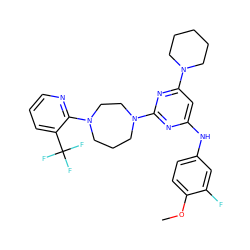 COc1ccc(Nc2cc(N3CCCCC3)nc(N3CCCN(c4ncccc4C(F)(F)F)CC3)n2)cc1F ZINC000073196500