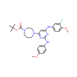 COc1ccc(Nc2nc(Nc3ccc(OC)c(F)c3)cc(N3CCCN(C(=O)OC(C)(C)C)CC3)n2)cc1 ZINC000073167813