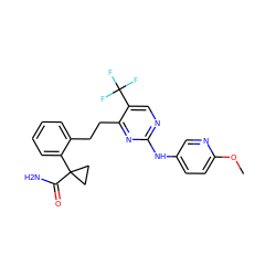 COc1ccc(Nc2ncc(C(F)(F)F)c(CCc3ccccc3C3(C(N)=O)CC3)n2)cn1 ZINC000211046204