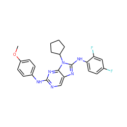 COc1ccc(Nc2ncc3nc(Nc4ccc(F)cc4F)n(C4CCCC4)c3n2)cc1 ZINC000073198081