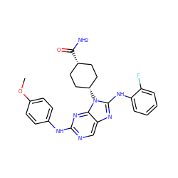 COc1ccc(Nc2ncc3nc(Nc4ccccc4F)n([C@H]4CC[C@@H](C(N)=O)CC4)c3n2)cc1 ZINC000254119987