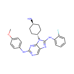 COc1ccc(Nc2ncc3nc(Nc4ccccc4F)n([C@H]4CC[C@H](N)CC4)c3n2)cc1 ZINC000254120127