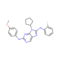 COc1ccc(Nc2ncc3nc(Nc4ccccc4F)n(C4CCCC4)c3n2)cc1 ZINC000035997549