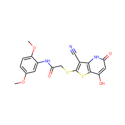 COc1ccc(OC)c(NC(=O)CSc2sc3c(O)cc(=O)[nH]c3c2C#N)c1 ZINC000013990378