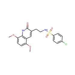 COc1ccc(OC)c2[nH]c(=O)c(CCNS(=O)(=O)c3ccc(Cl)cc3)cc12 ZINC000008584607