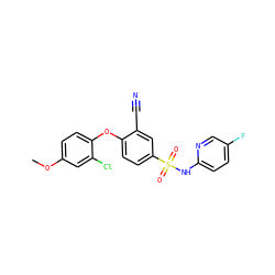 COc1ccc(Oc2ccc(S(=O)(=O)Nc3ccc(F)cn3)cc2C#N)c(Cl)c1 ZINC000473200935