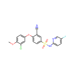 COc1ccc(Oc2ccc(S(=O)(=O)Nc3ccc(F)cn3)cc2C#N)cc1Cl ZINC000473200896