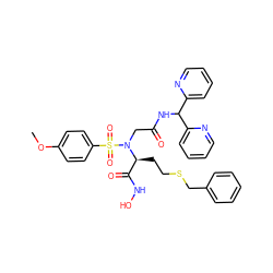 COc1ccc(S(=O)(=O)N(CC(=O)NC(c2ccccn2)c2ccccn2)[C@@H](CCSCc2ccccc2)C(=O)NO)cc1 ZINC000026832725