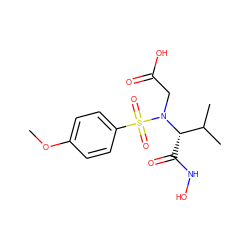 COc1ccc(S(=O)(=O)N(CC(=O)O)[C@@H](C(=O)NO)C(C)C)cc1 ZINC000040981237