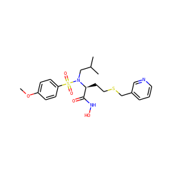 COc1ccc(S(=O)(=O)N(CC(C)C)[C@@H](CCSCc2cccnc2)C(=O)NO)cc1 ZINC000013863996