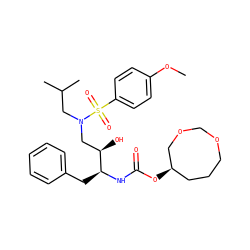 COc1ccc(S(=O)(=O)N(CC(C)C)C[C@@H](O)[C@H](Cc2ccccc2)NC(=O)O[C@@H]2CCCOCOC2)cc1 ZINC000042852018