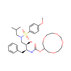 COc1ccc(S(=O)(=O)N(CC(C)C)C[C@@H](O)[C@H](Cc2ccccc2)NC(=O)OC2COCCOCOCCOC2)cc1 ZINC000042804306