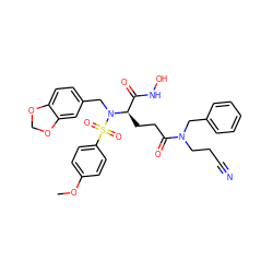COc1ccc(S(=O)(=O)N(Cc2ccc3c(c2)OCO3)[C@H](CCC(=O)N(CCC#N)Cc2ccccc2)C(=O)NO)cc1 ZINC000026402514