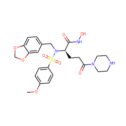 COc1ccc(S(=O)(=O)N(Cc2ccc3c(c2)OCO3)[C@H](CCC(=O)N2CCNCC2)C(=O)NO)cc1 ZINC000026403465