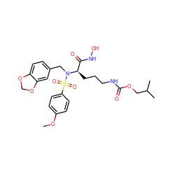 COc1ccc(S(=O)(=O)N(Cc2ccc3c(c2)OCO3)[C@H](CCCNC(=O)OCC(C)C)C(=O)NO)cc1 ZINC000026184975