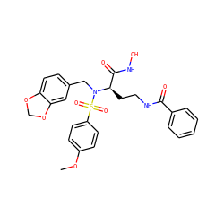 COc1ccc(S(=O)(=O)N(Cc2ccc3c(c2)OCO3)[C@H](CCNC(=O)c2ccccc2)C(=O)NO)cc1 ZINC000026250205
