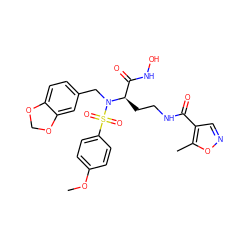 COc1ccc(S(=O)(=O)N(Cc2ccc3c(c2)OCO3)[C@H](CCNC(=O)c2cnoc2C)C(=O)NO)cc1 ZINC000026187892
