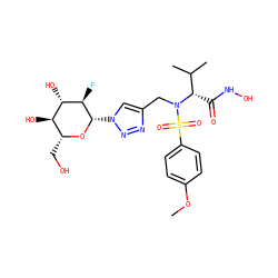 COc1ccc(S(=O)(=O)N(Cc2cn([C@@H]3O[C@H](CO)[C@@H](O)[C@H](O)[C@H]3F)nn2)[C@@H](C(=O)NO)C(C)C)cc1 ZINC000084669231