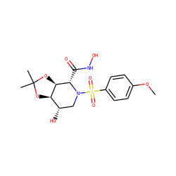 COc1ccc(S(=O)(=O)N2C[C@H](O)[C@H]3OC(C)(C)O[C@H]3[C@@H]2C(=O)NO)cc1 ZINC000013537275