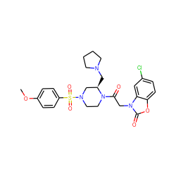 COc1ccc(S(=O)(=O)N2CCN(C(=O)Cn3c(=O)oc4ccc(Cl)cc43)[C@H](CN3CCCC3)C2)cc1 ZINC000042920076
