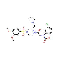 COc1ccc(S(=O)(=O)N2CCN(C(=O)Cn3c(=O)oc4ccc(Cl)cc43)[C@H](CN3CCCC3)C2)cc1OC ZINC000042920054