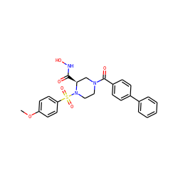 COc1ccc(S(=O)(=O)N2CCN(C(=O)c3ccc(-c4ccccc4)cc3)C[C@@H]2C(=O)NO)cc1 ZINC000013804669