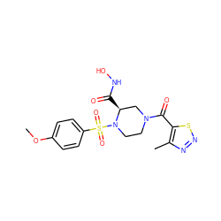 COc1ccc(S(=O)(=O)N2CCN(C(=O)c3snnc3C)C[C@@H]2C(=O)NO)cc1 ZINC000013804658