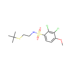 COc1ccc(S(=O)(=O)NCCSC(C)(C)C)c(Cl)c1Cl ZINC000002179470