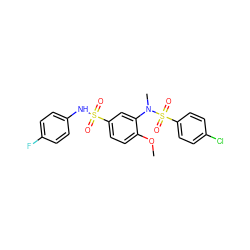 COc1ccc(S(=O)(=O)Nc2ccc(F)cc2)cc1N(C)S(=O)(=O)c1ccc(Cl)cc1 ZINC000008666841