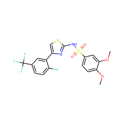 COc1ccc(S(=O)(=O)Nc2nc(-c3cc(C(F)(F)F)ccc3F)cs2)cc1OC ZINC000013776382