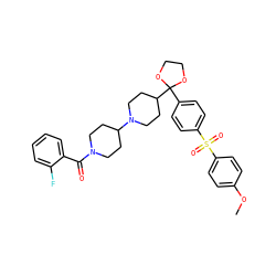 COc1ccc(S(=O)(=O)c2ccc(C3(C4CCN(C5CCN(C(=O)c6ccccc6F)CC5)CC4)OCCO3)cc2)cc1 ZINC000027094518